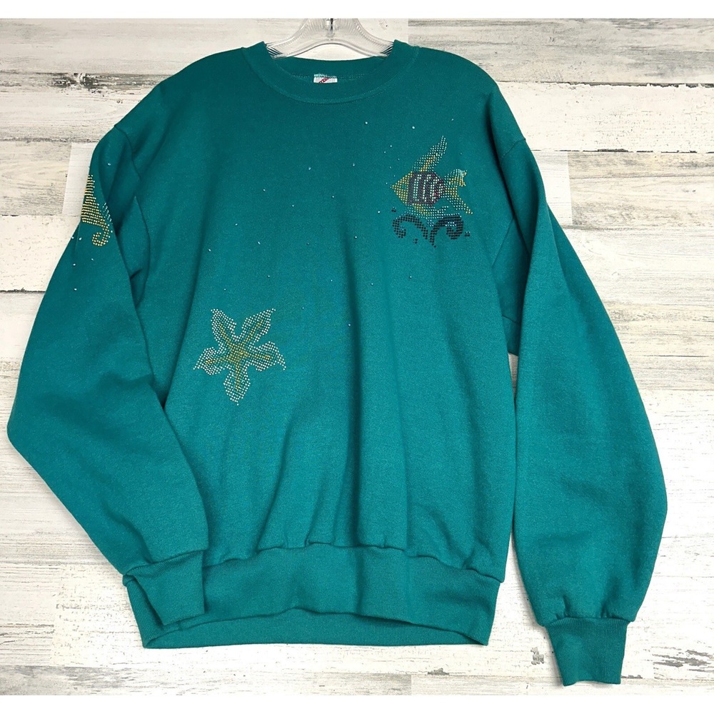 Vintage Jerzees Womens Large Sweatshirt Fish Ocean Beach Studded Handmade 90s